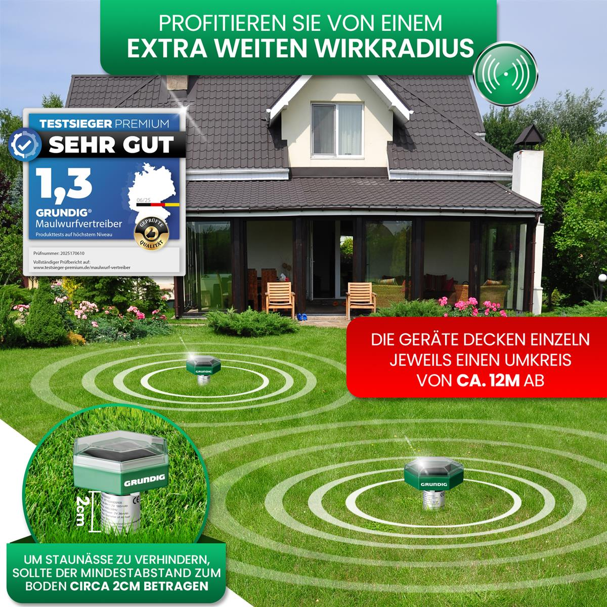 Grundig Maulwurfvertreiber mit 1,3 "Sehr Gut" Bewertung vor einem Haus mit Garten.
