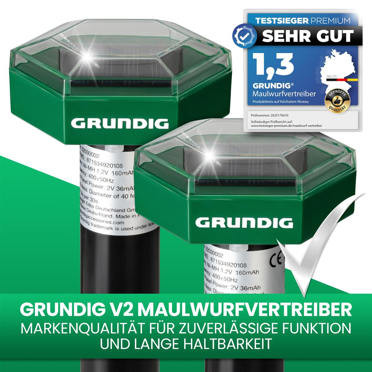 Zwei grüne Grundig Maulwurfvertreiber mit Solarpanelen und Testsiegel 'Sehr Gut'.