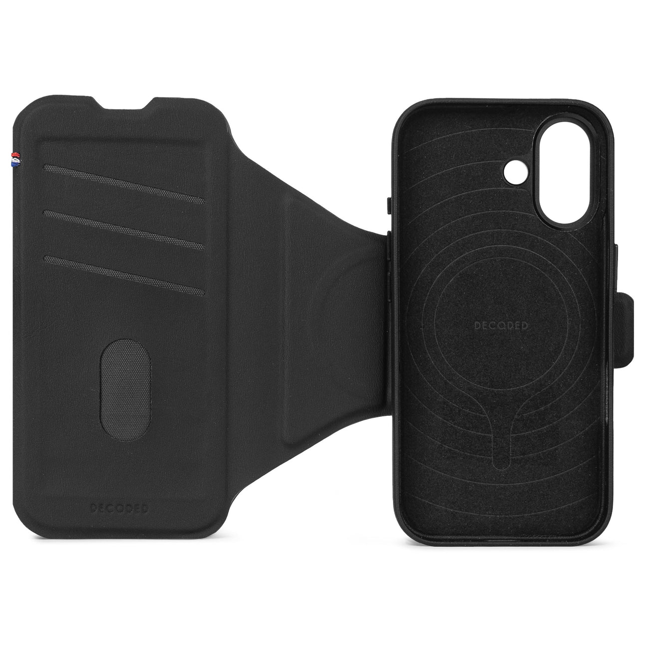 Schwarzes Leder-Flip-Case für ein Smartphone, geöffnet, mit Kartenfächern.