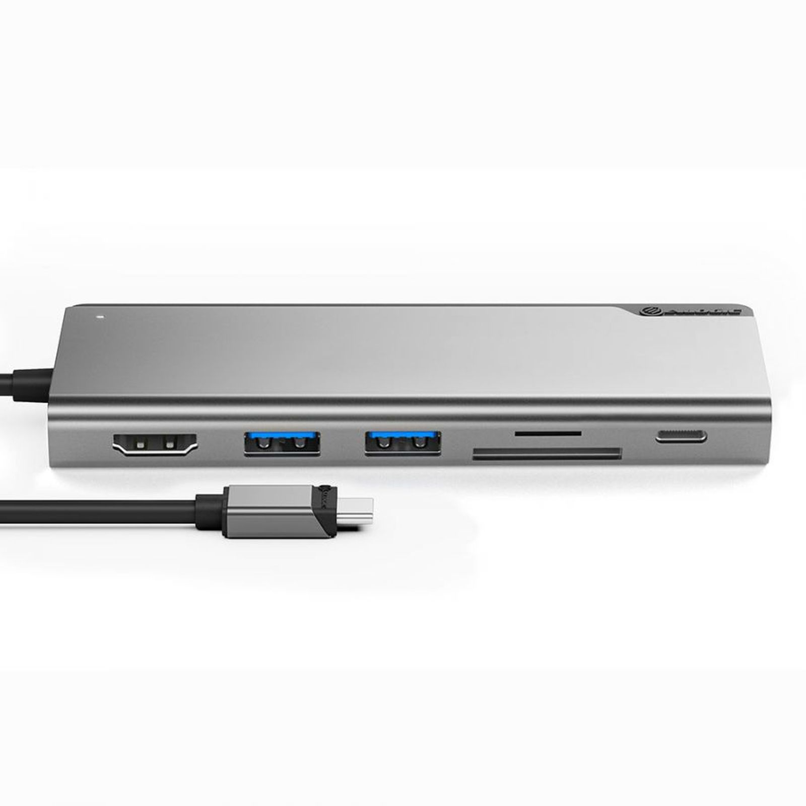 Hub USB-C grigio con HDMI, USB-A, slot per schede SD e cavo.