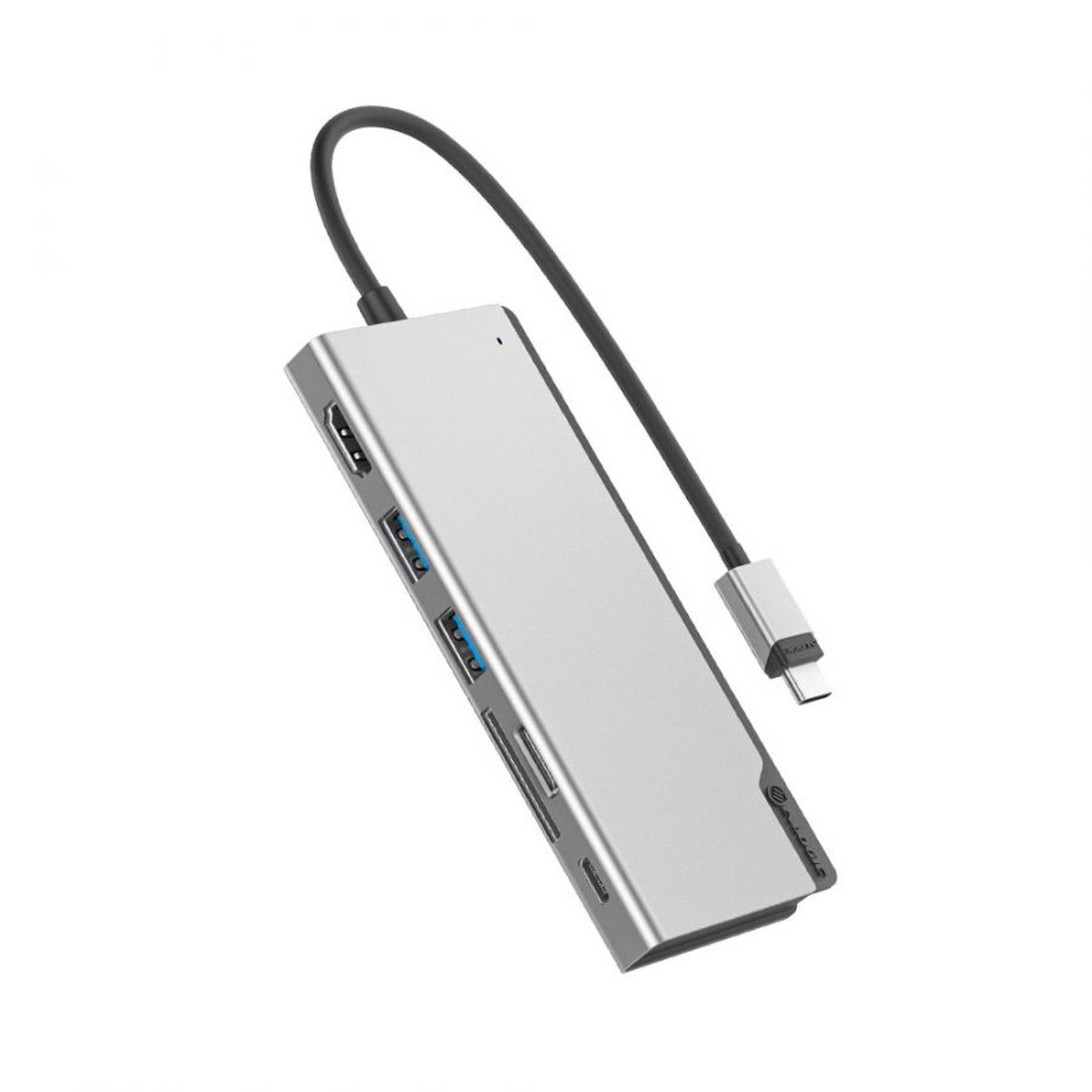 Hub USB-C argentato con slot HDMI, USB-A e schede SD.