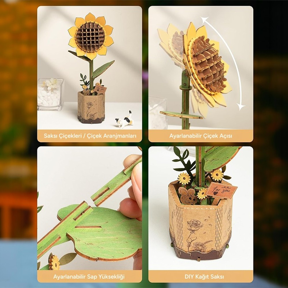 Kit tournesol en bois : pot, tige et angle réglables. Décoration DIY.