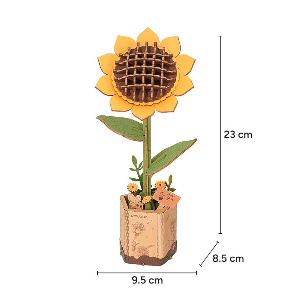 Modèle de tournesol en bois dans un pot avec de petites fleurs et une abeille.