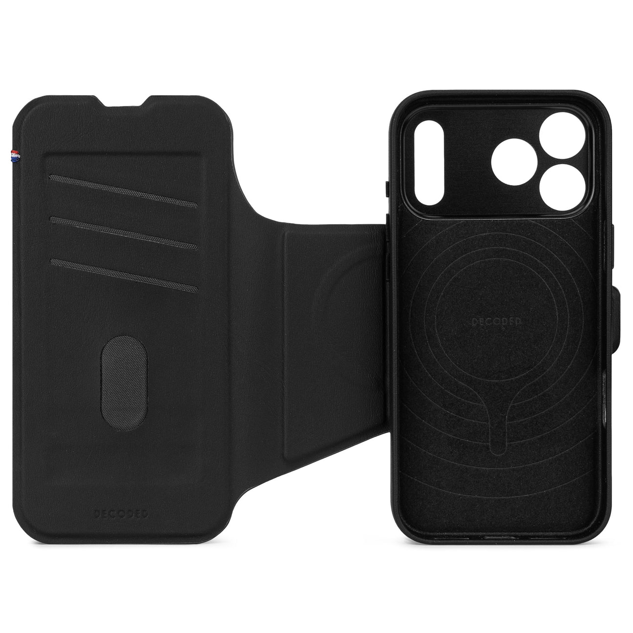 Schwarzes iPhone-Case mit Klappfunktion und Kartenfächern.