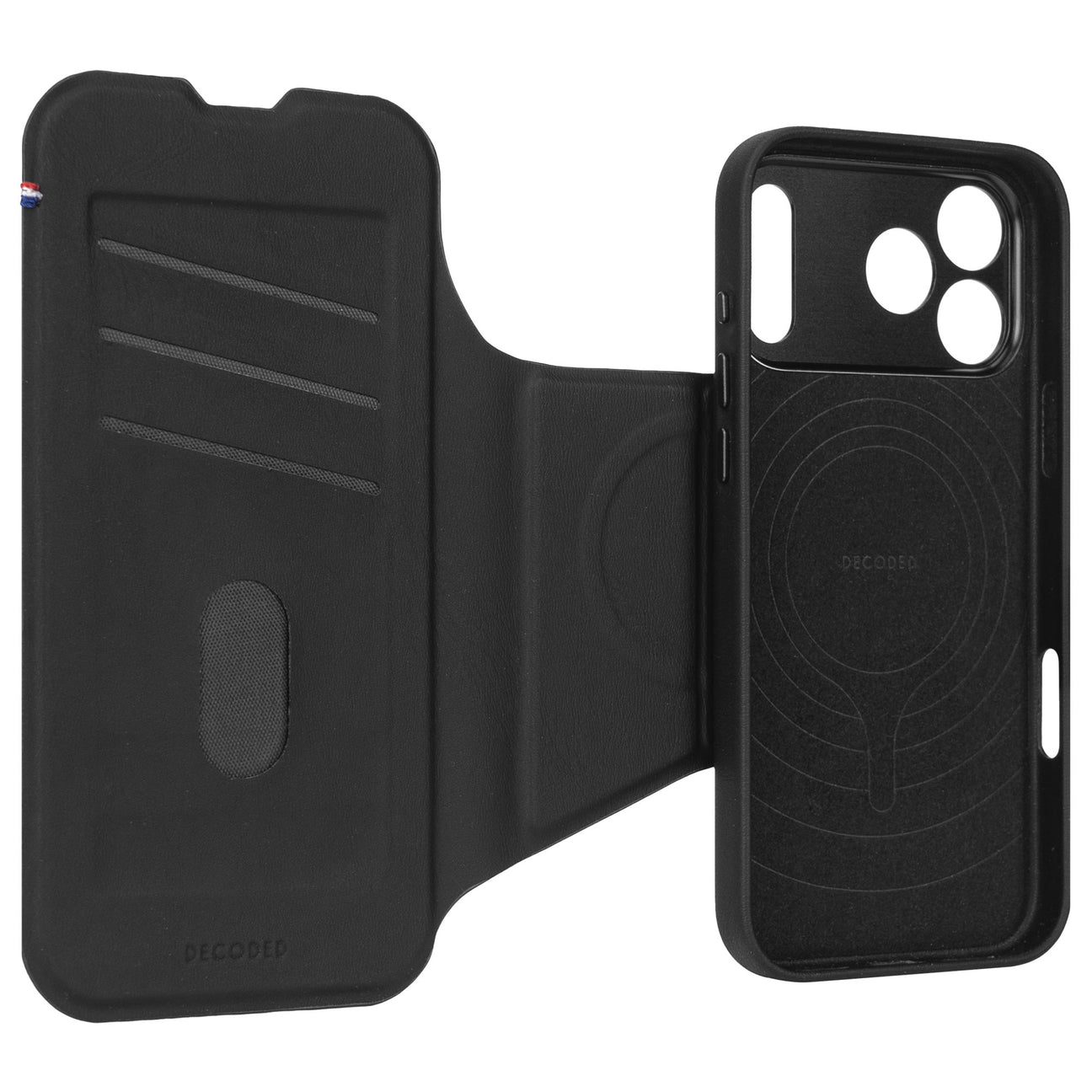 Schwarzes iPhone-Etui mit Kartenfächern und Magnetverschluss. Ein Teil ist geöffnet.