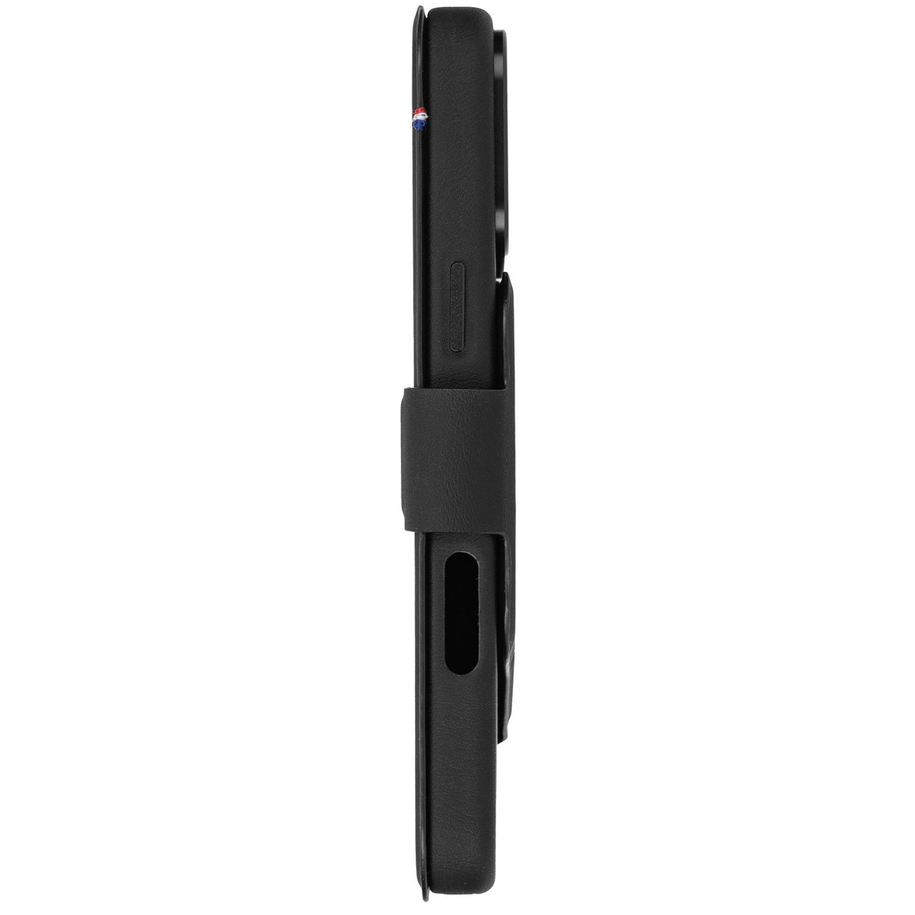Schwarzes Lederetui für ein Smartphone, von der Seite gesehen.