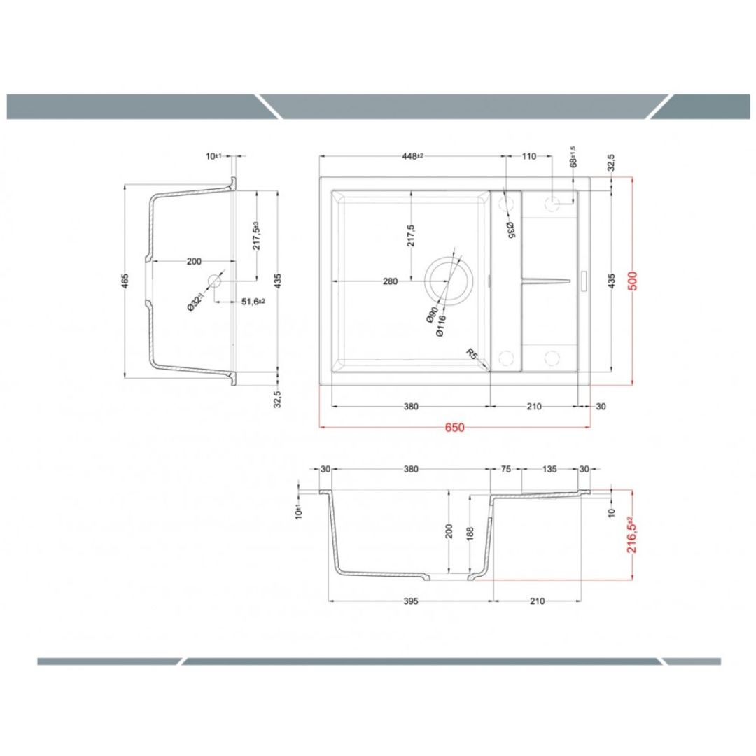 Disegno tecnico di un lavello con dimensioni e viste.