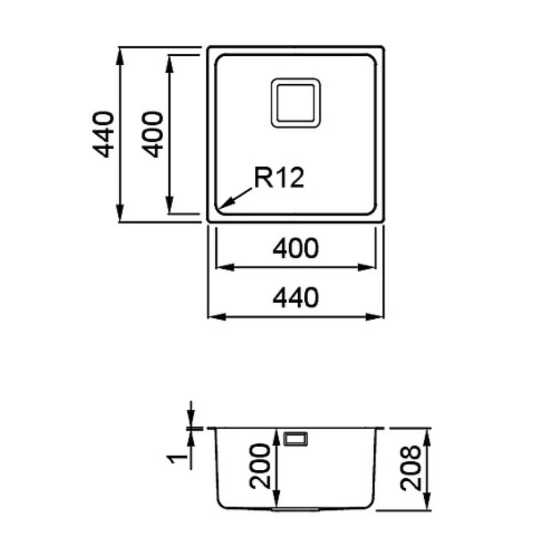 Disegno tecnico di un lavello quadrato con dimensioni.