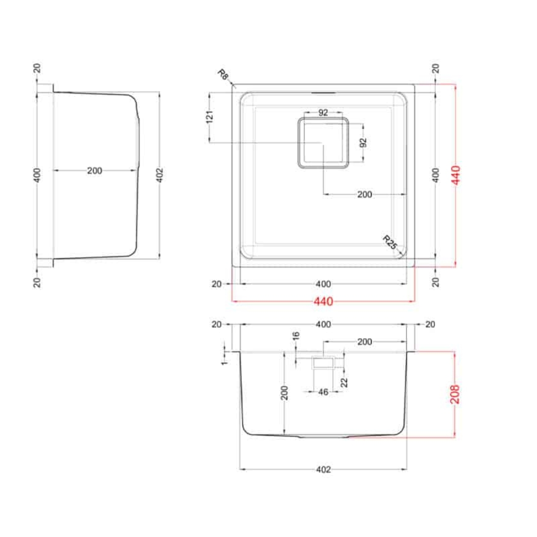 Disegno tecnico di un lavello rettangolare con dimensioni.