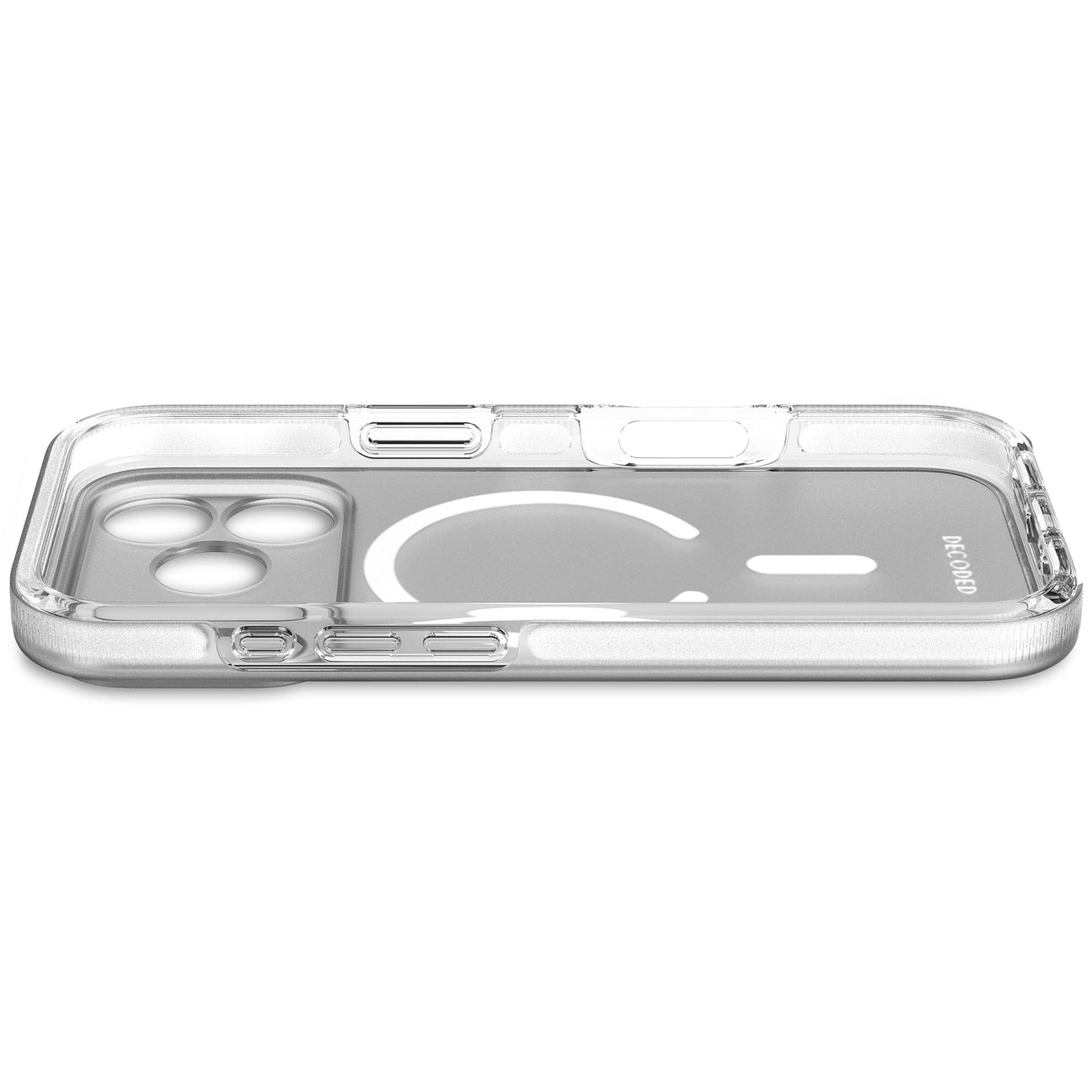 Funda transparente para teléfono con recorte de cámara y anillo magnético.