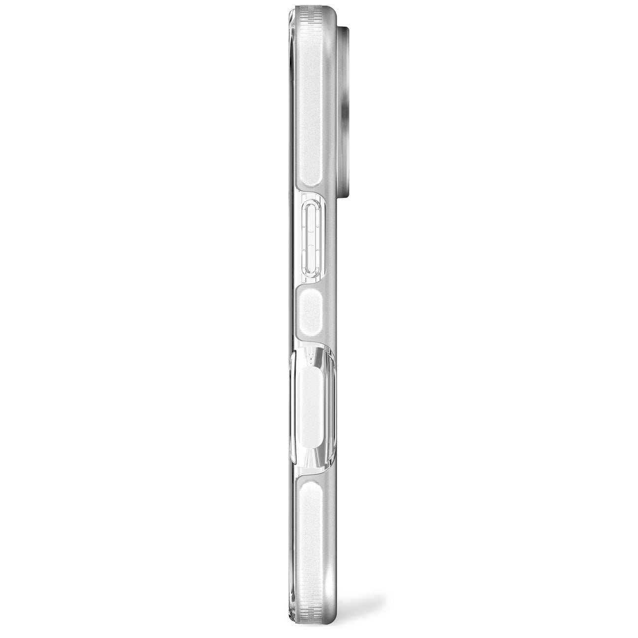 Vista lateral de una funda de teléfono transparente con botones a la derecha.