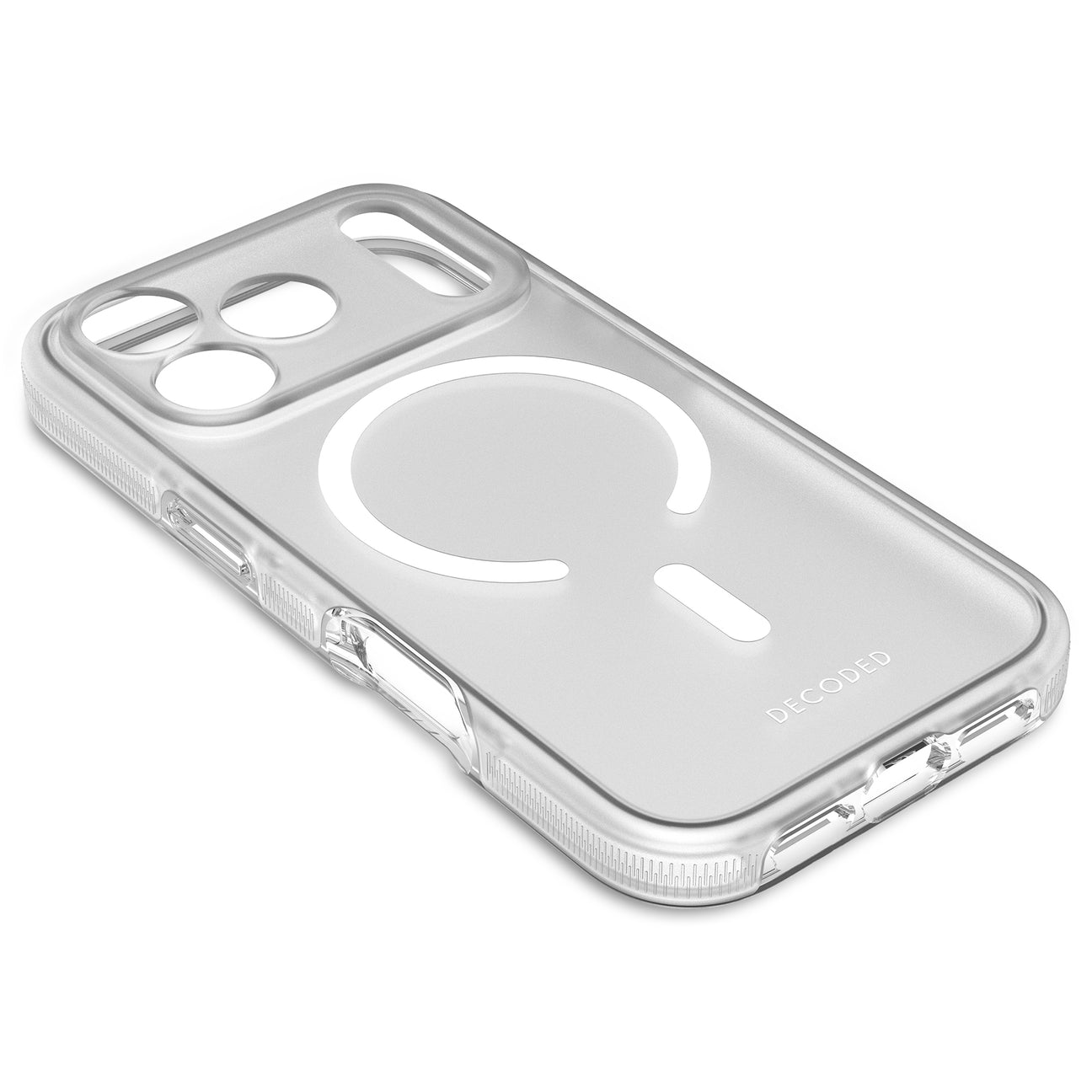 Una funda transparente para teléfono con un anillo magnético blanco y recorte de cámara.
