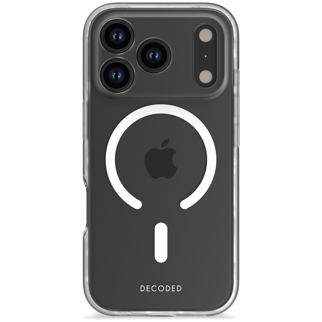 Funda transparente con logo de Apple y círculo de carga.