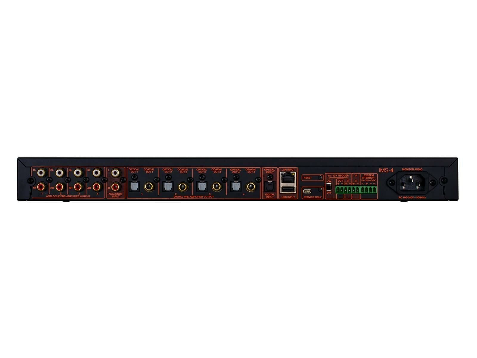 Analog, dijital, LAN, USB ve güç bağlantı noktalarına sahip bir ses cihazının arka görünümü.