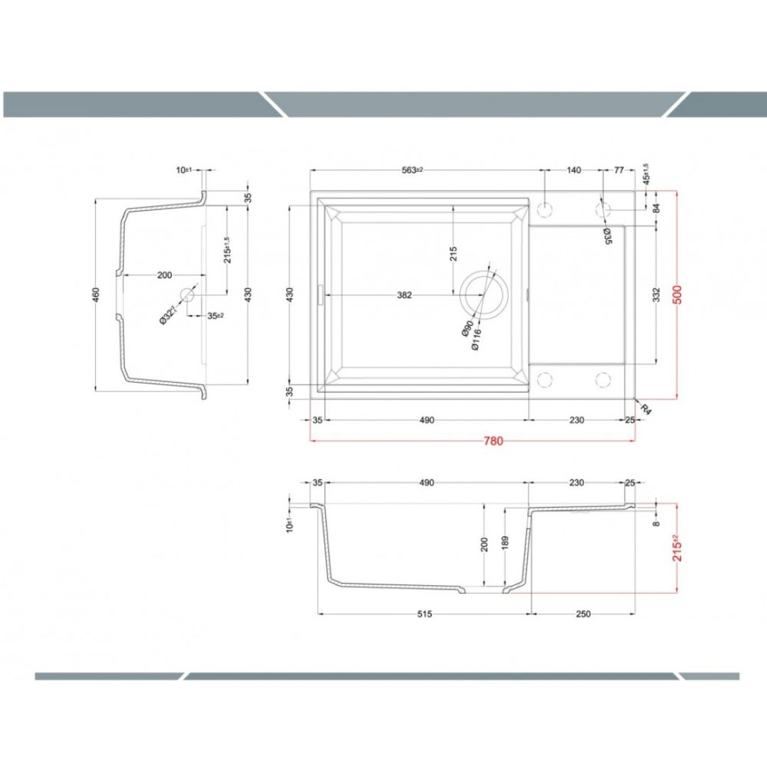 Disegno tecnico di un lavello con dimensioni e dettagli.