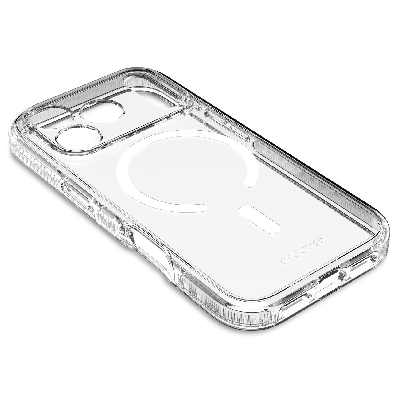 Custodia trasparente per iPhone con anello MagSafe e ritaglio fotocamera.