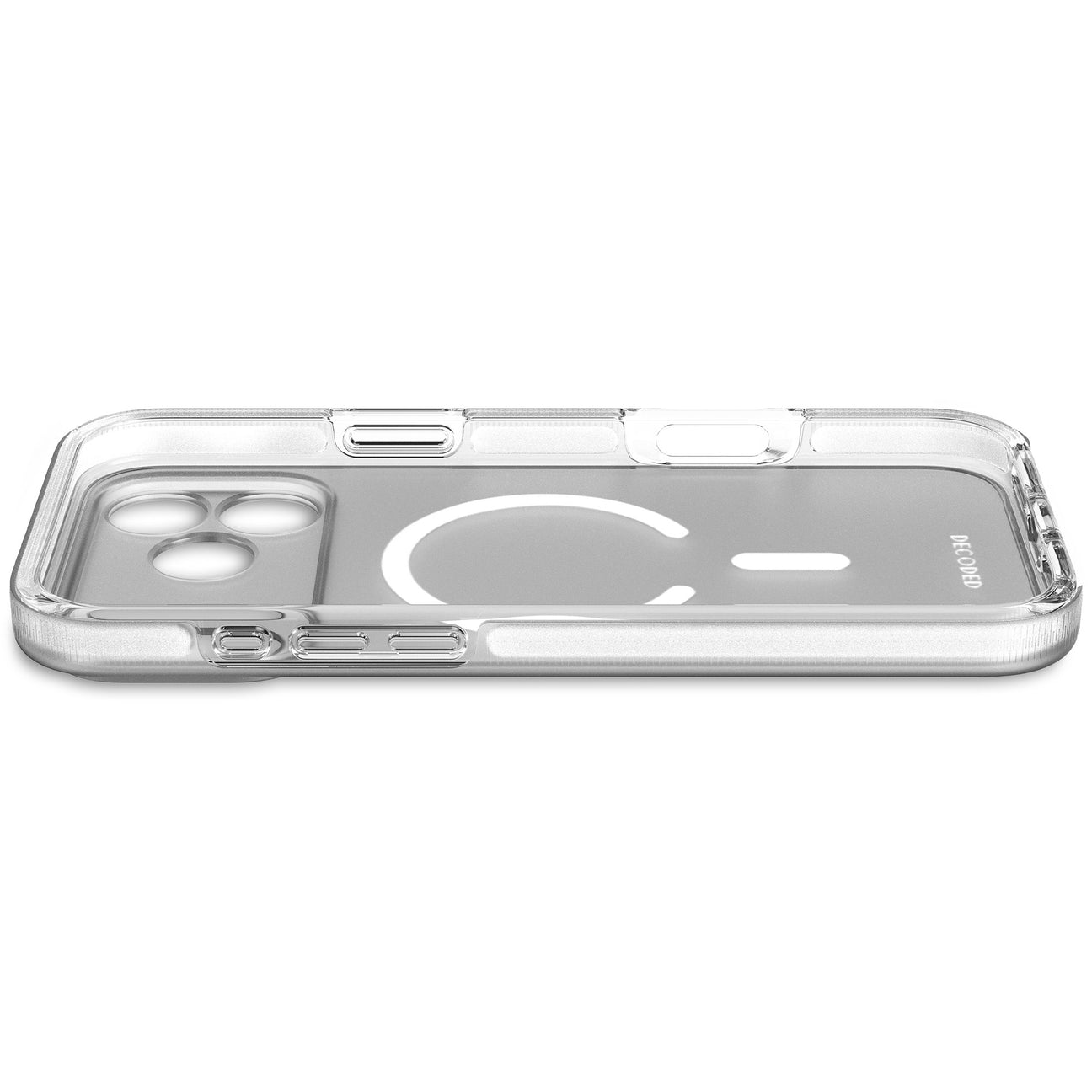 Custodia trasparente per telefono con ritaglio fotocamera e logo.