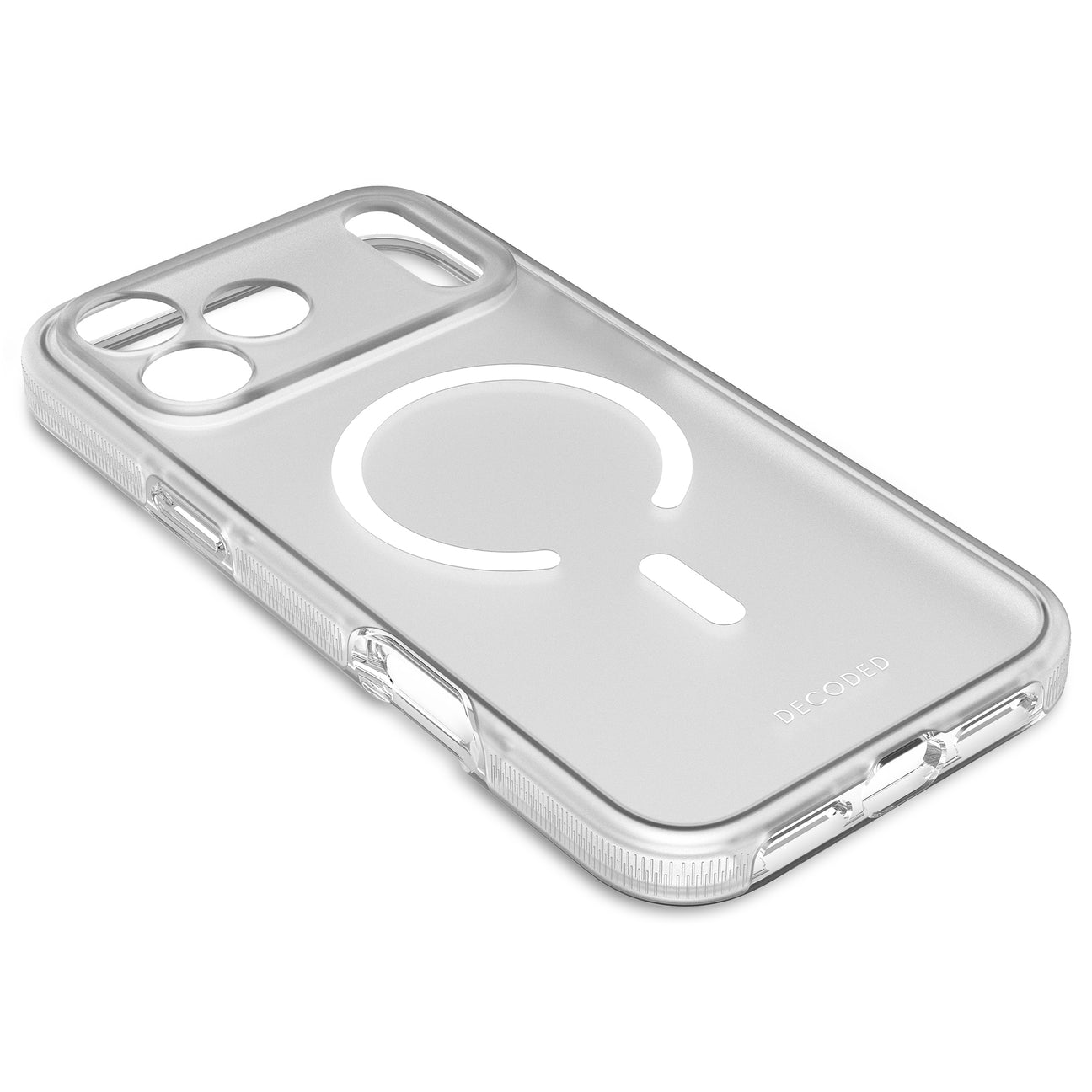 Custodia trasparente per telefono con anello magnetico bianco e logo DECODED su sfondo bianco.