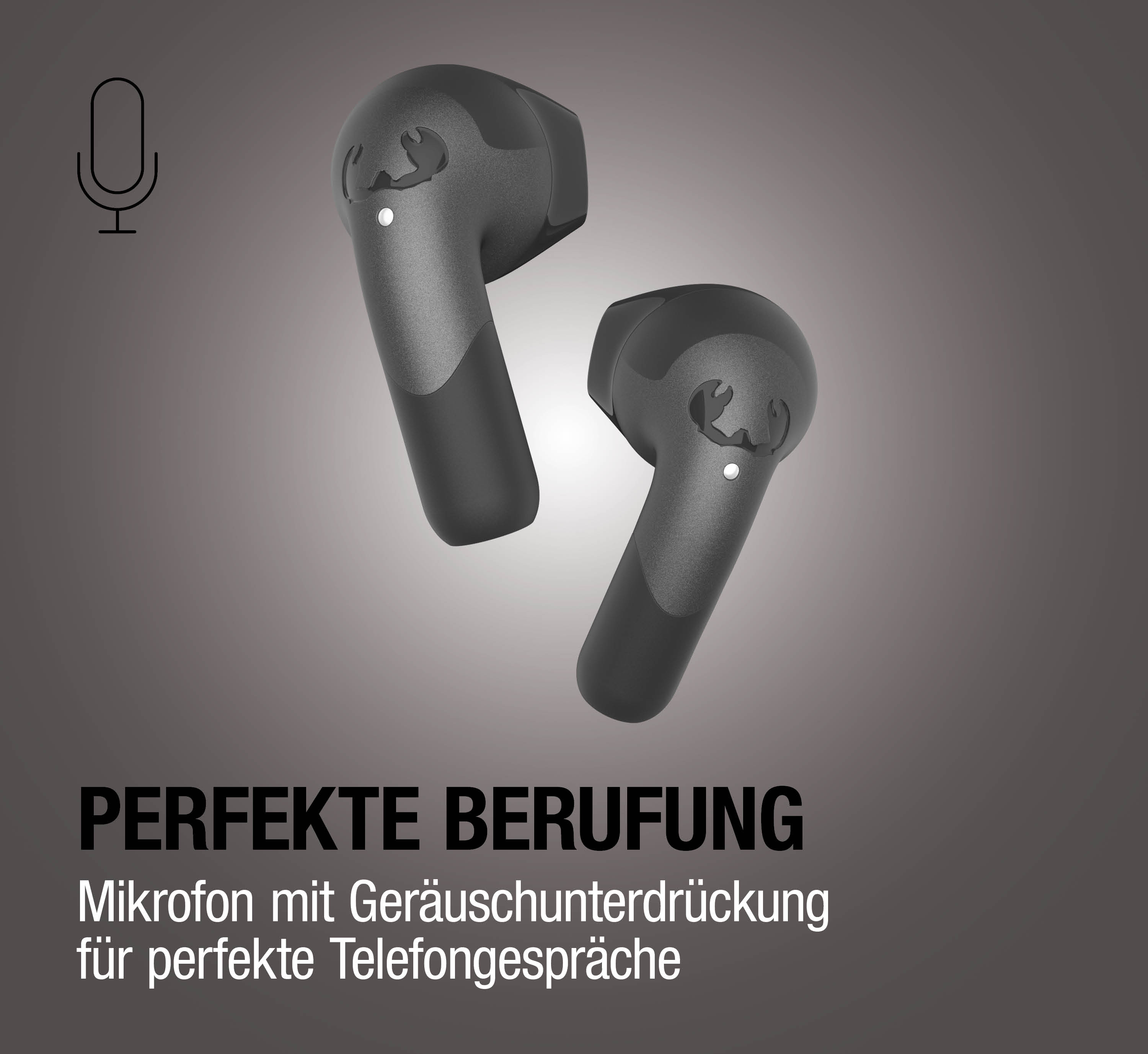 Schwarze Kopfhörer mit einem Mikrofon-Symbol und Text.