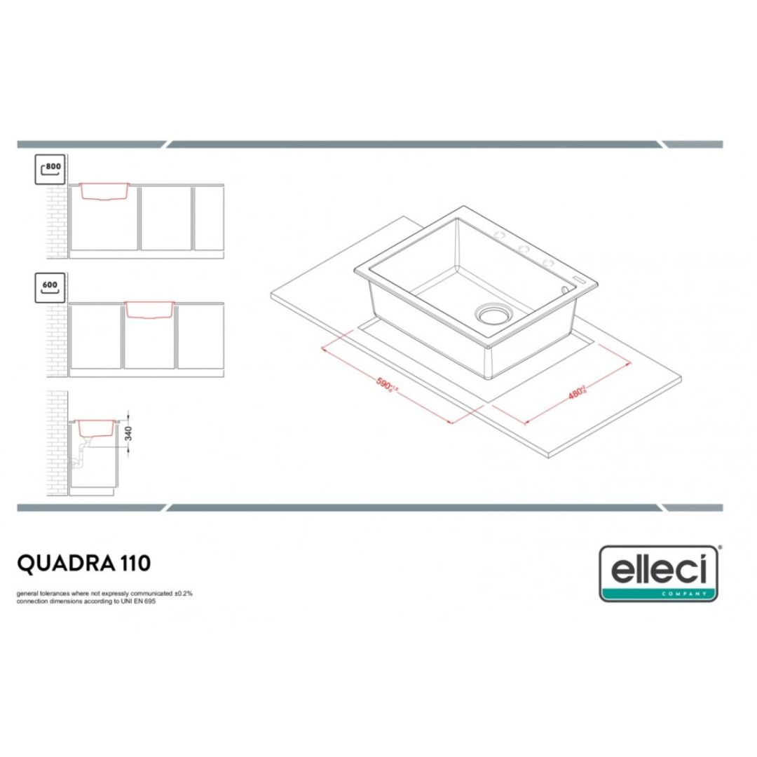 Disegno tecnico di un lavello con dimensioni. Viste di mobili a sinistra.