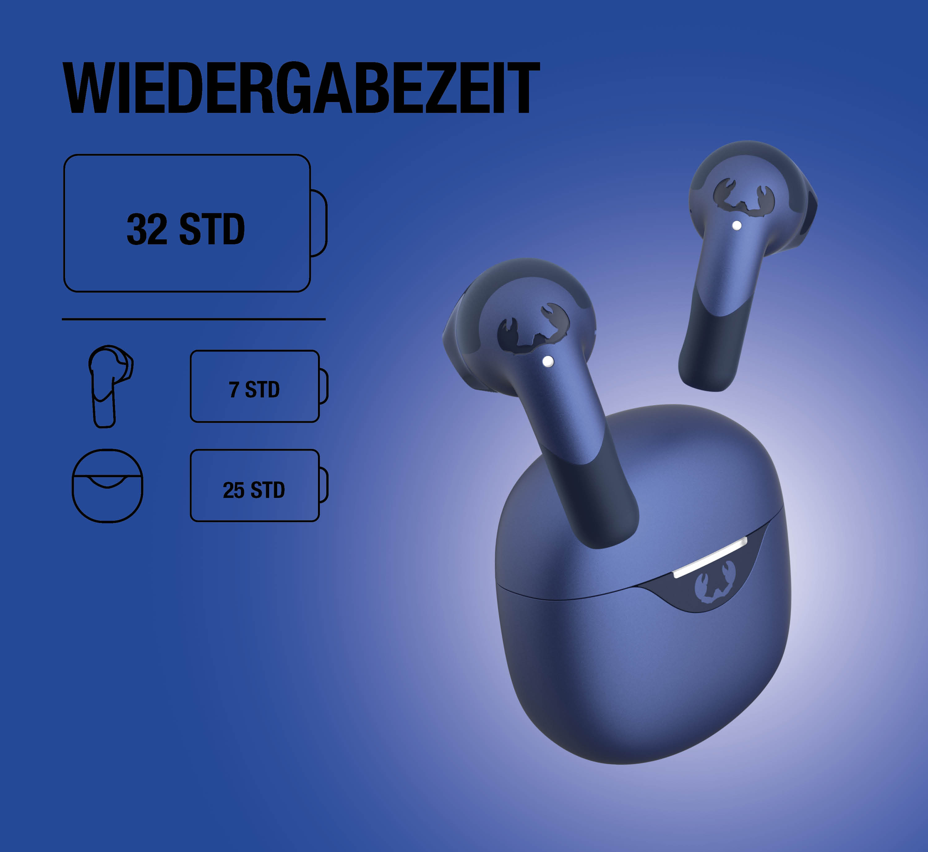 Blaue kabellose Ohrhörer mit Ladecase und Wiedergabezeitangaben.