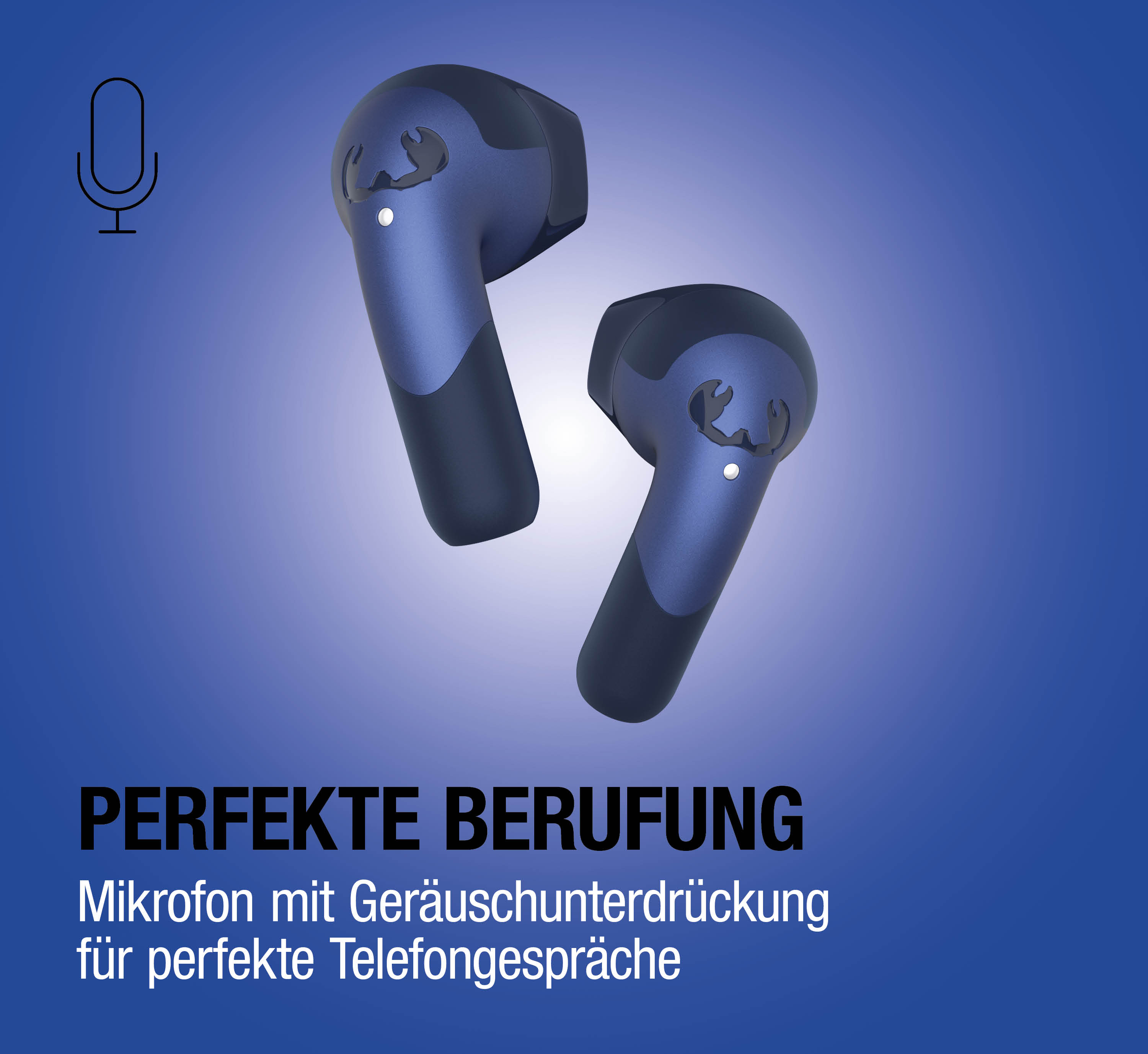 Blaue Kopfhörer mit Mikrofon-Symbol und Text für perfekte Anrufe.