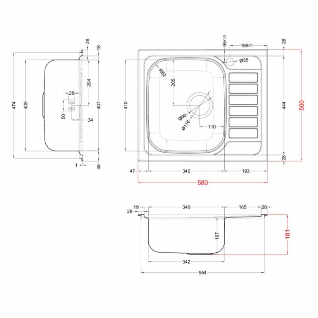 Disegno tecnico di un lavello con dimensioni in millimetri.