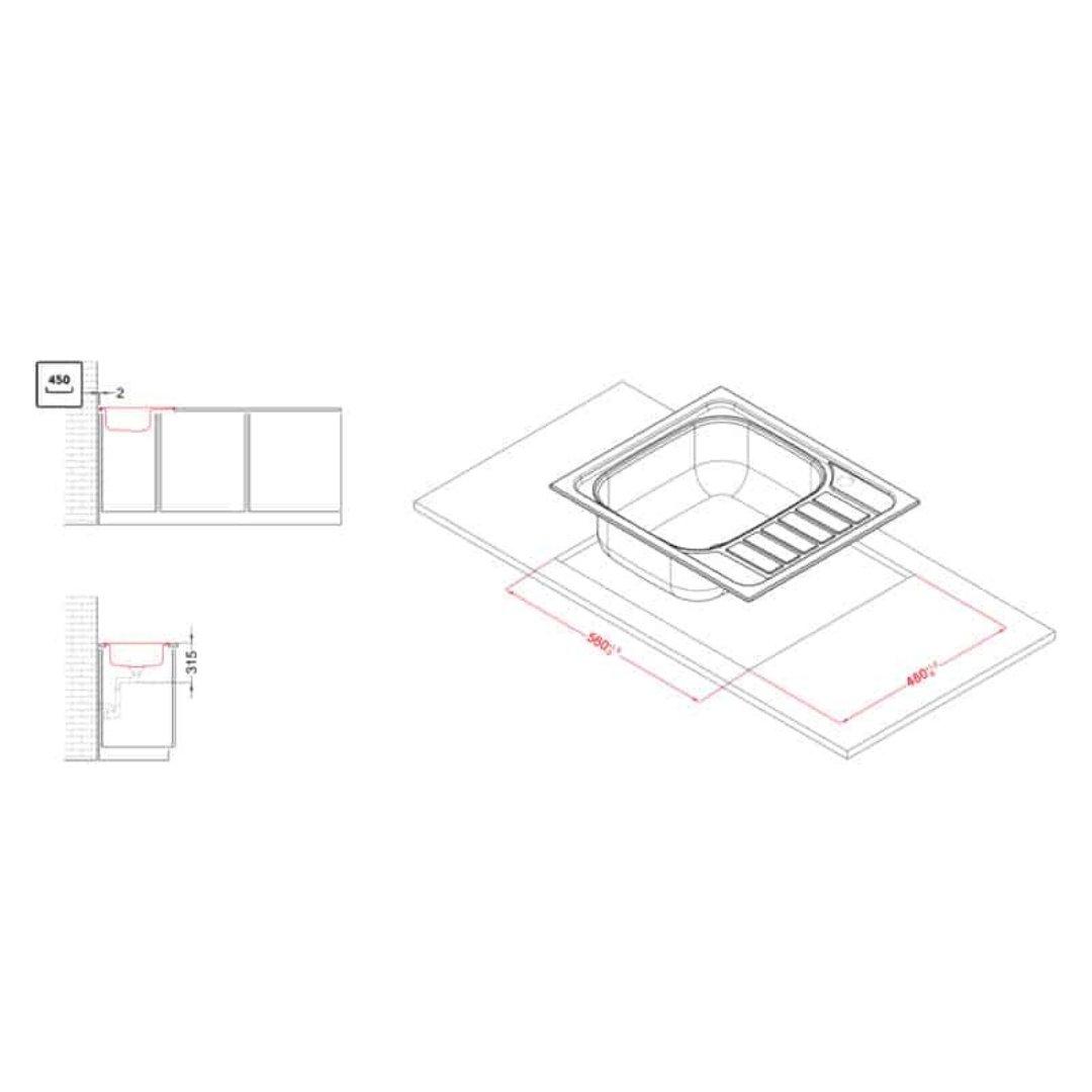 Disegno tecnico di un lavello con dimensioni, viste dall'alto e frontali.