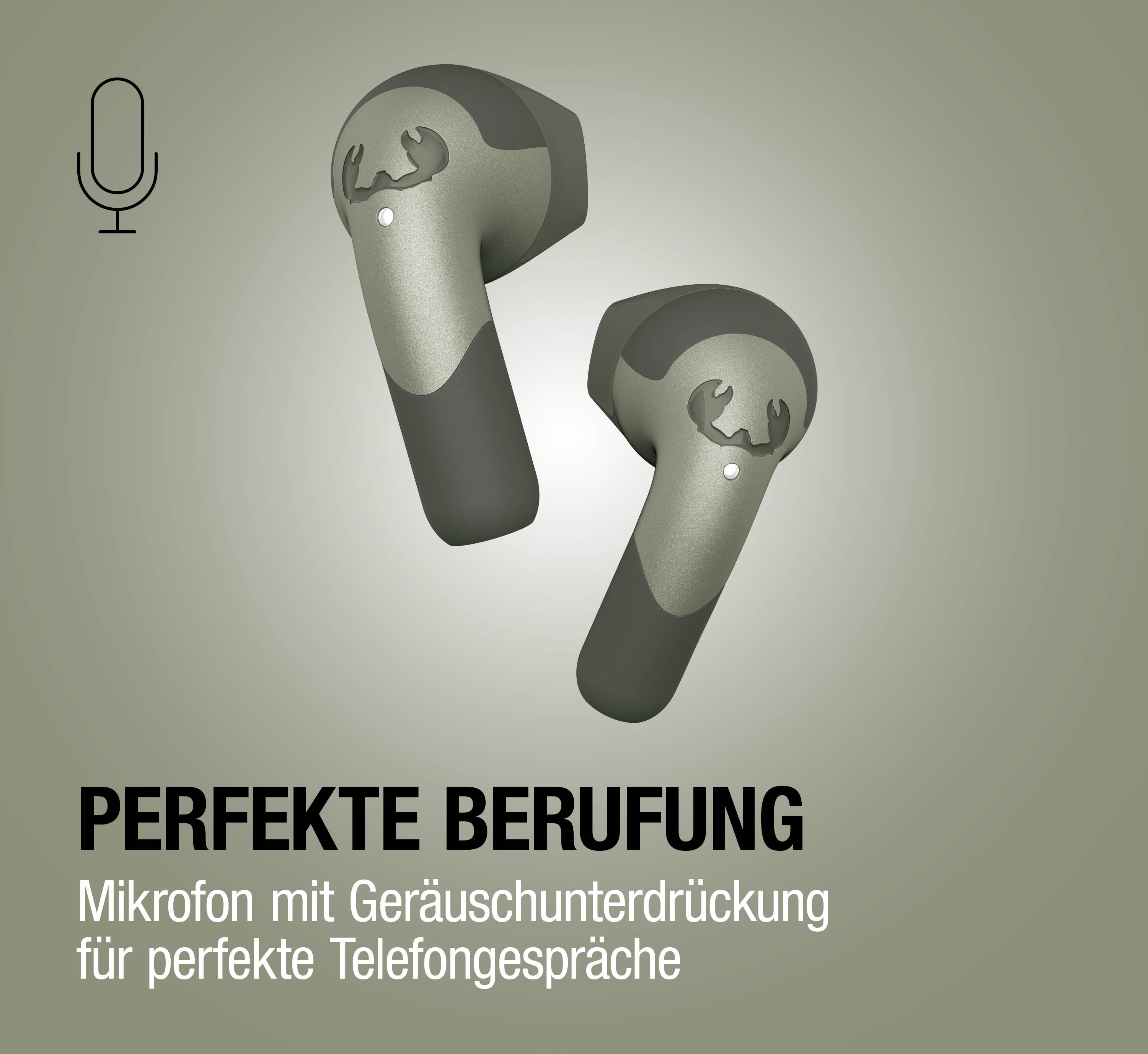 Ein Paar graue Kopfhörer mit Mikrofon-Symbol und Hirschgeweih-Logo.