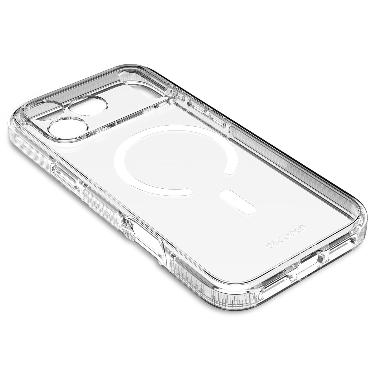 Custodia trasparente per telefono con anello magnetico, su sfondo bianco.