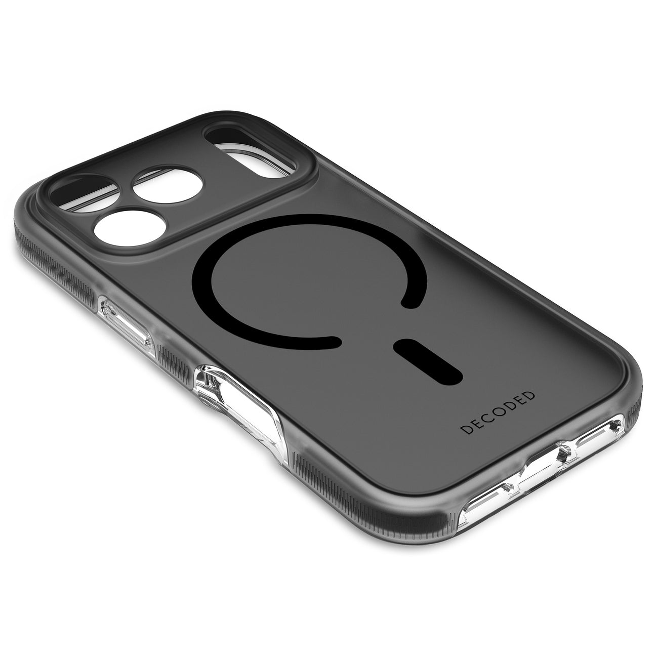Eine schwarze, transparente Handyhülle mit kreisförmigem Magnetmuster und dem Wort DECODED.
