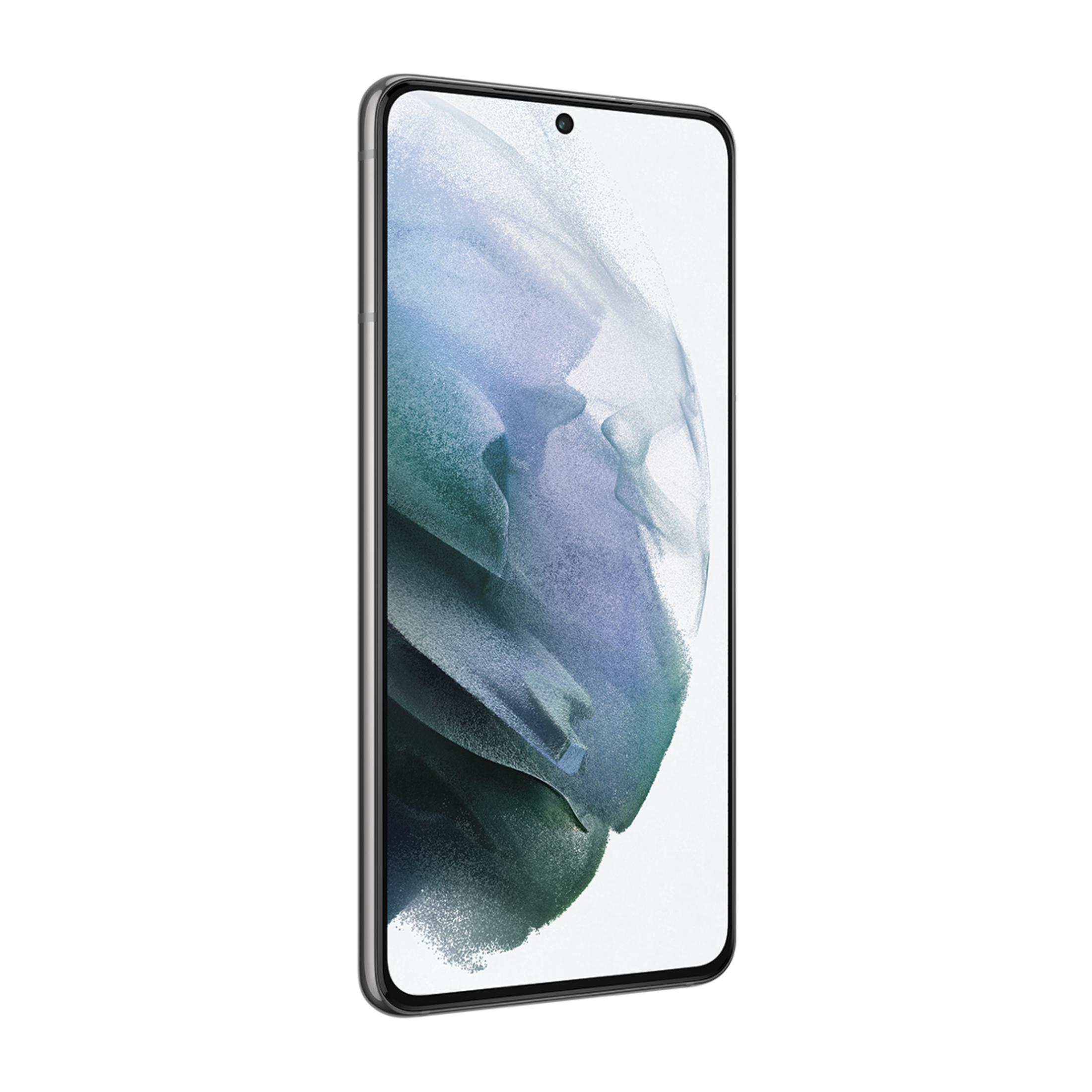 Ekranında soyut mavi ve yeşil arka plana sahip gümüş renkli akıllı telefon.