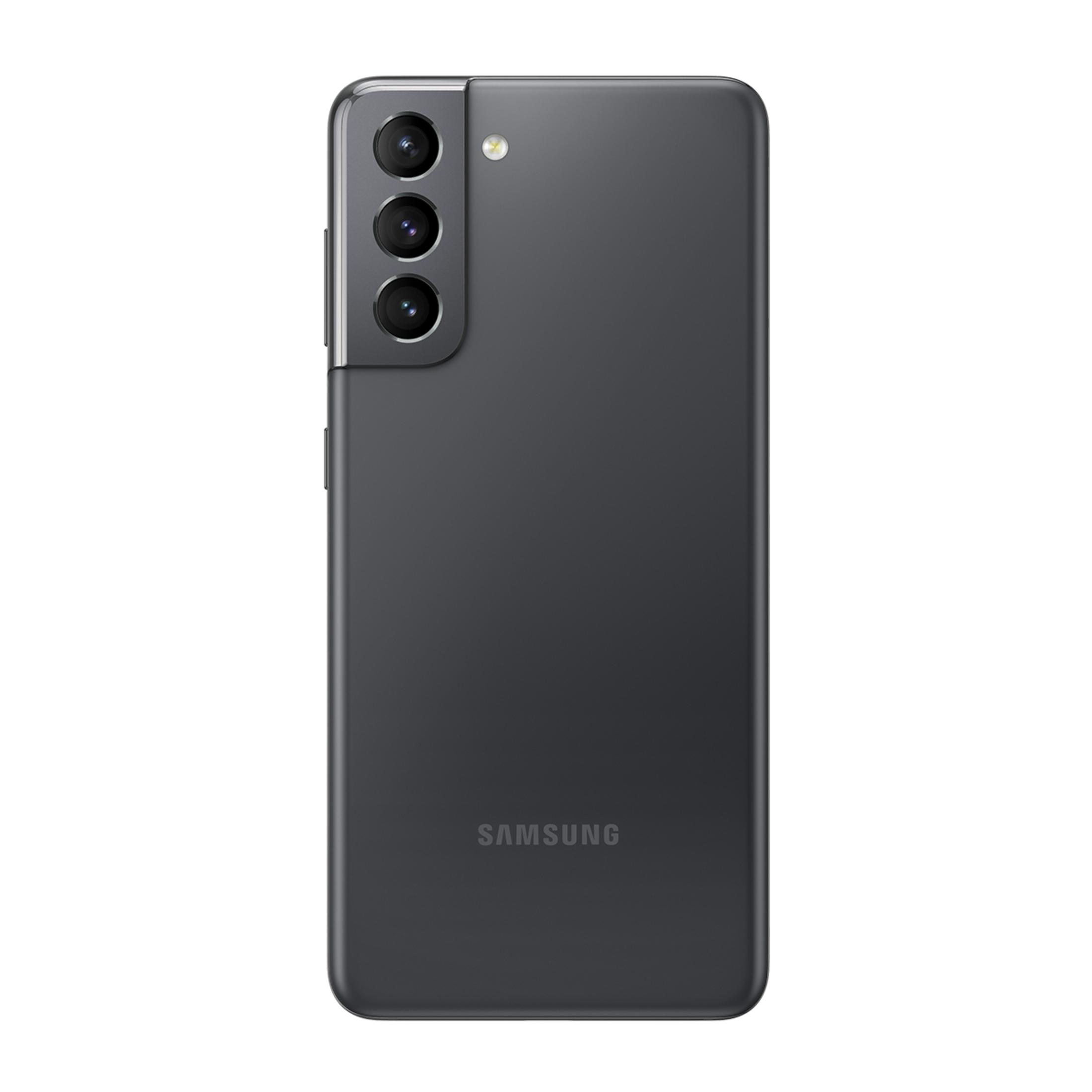 Koyu gri Samsung akıllı telefon, üç arka kamera ve flaşlı.