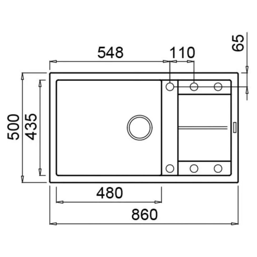 Disegno tecnico di un lavello con dimensioni. Vasca principale a sinistra, vasca più piccola a destra.