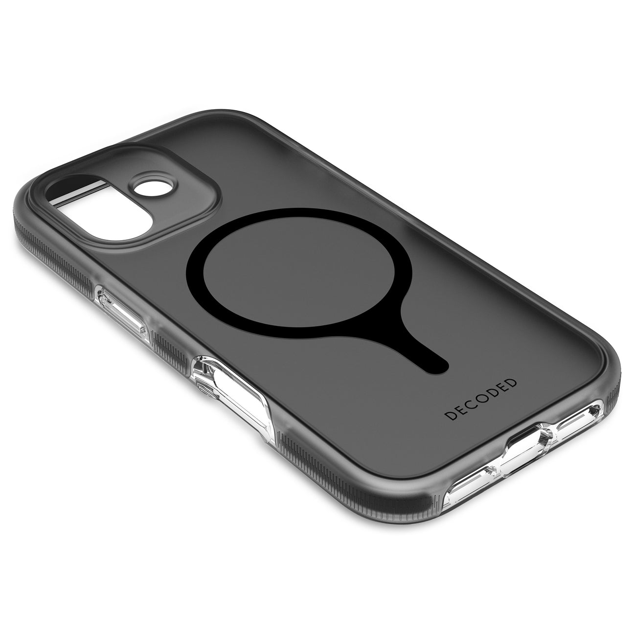 Custodia nera per smartphone con cerchio magnetico. Logo DECODED.
