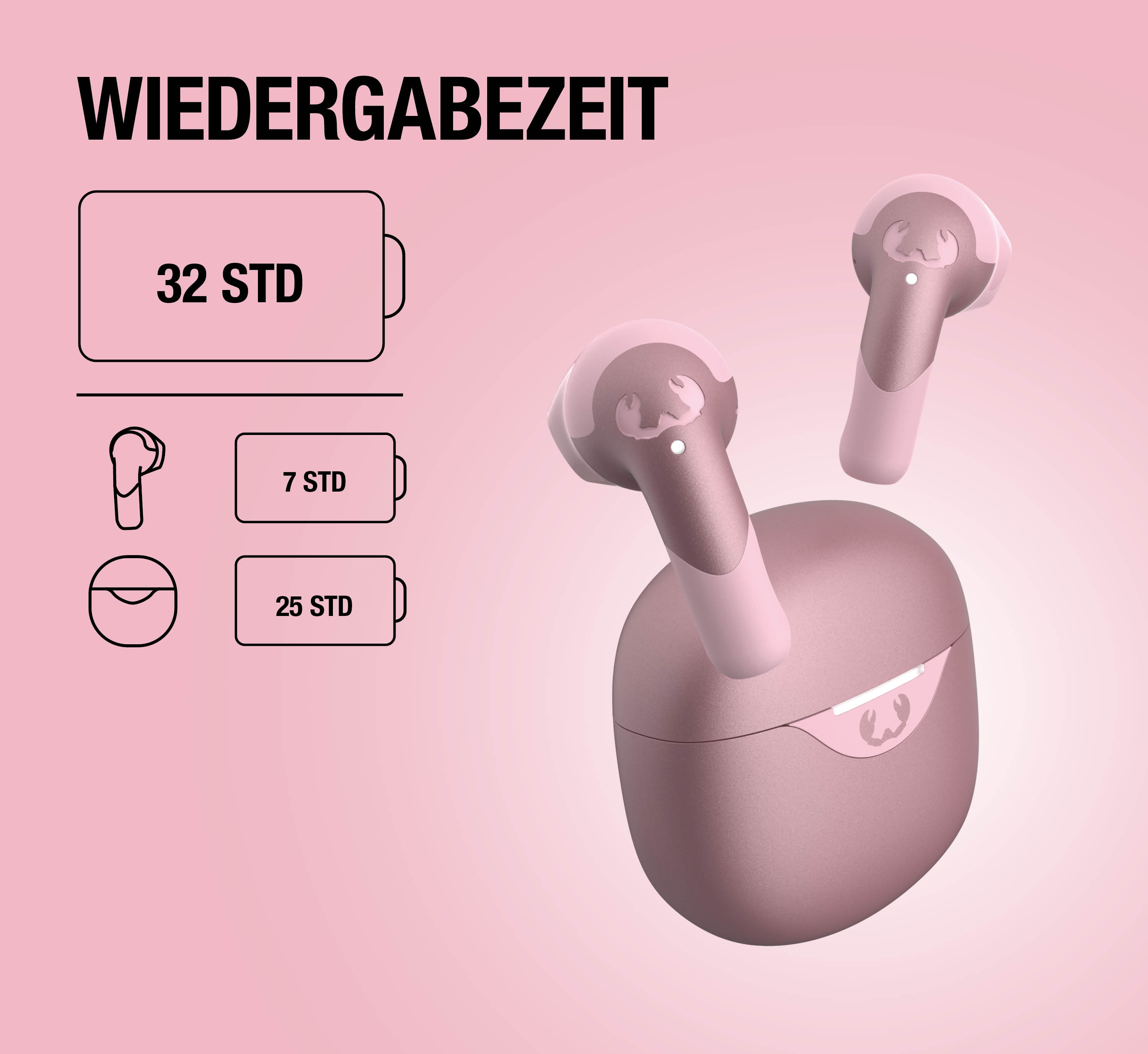 Rosa kabellose Ohrhörer mit Ladecase, 32 Std. Wiedergabezeit.