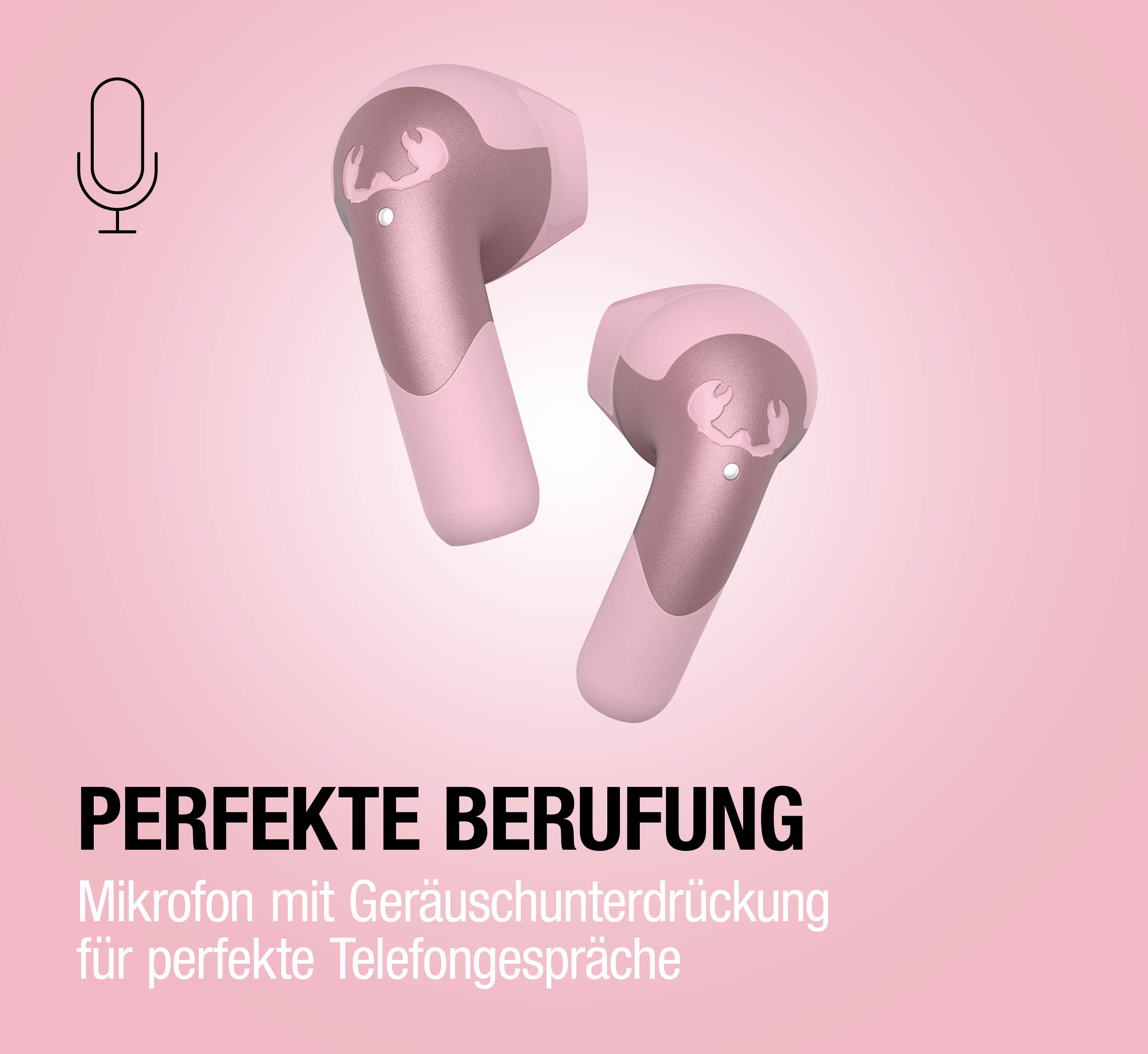 Zwei rosafarbene kabellose Ohrhörer mit Krabben-Logo auf rosa Hintergrund.