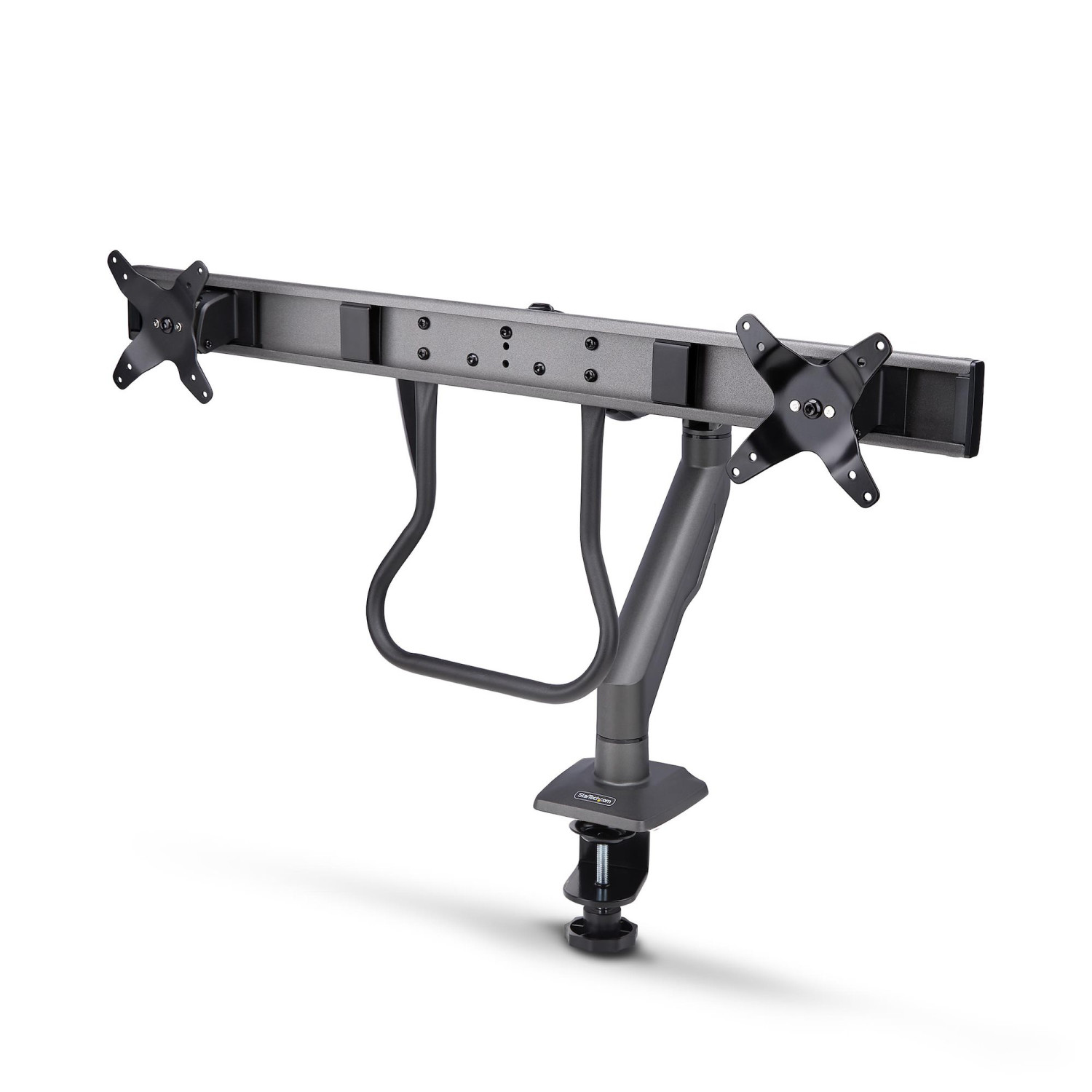 Braccio grigio per doppio monitor con morsetto, supporti VESA, isolato su bianco.