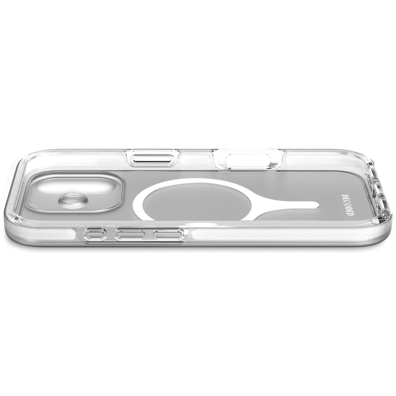 Custodia trasparente per telefono con anello MagSafe, mostra pulsanti e ritaglio fotocamera.