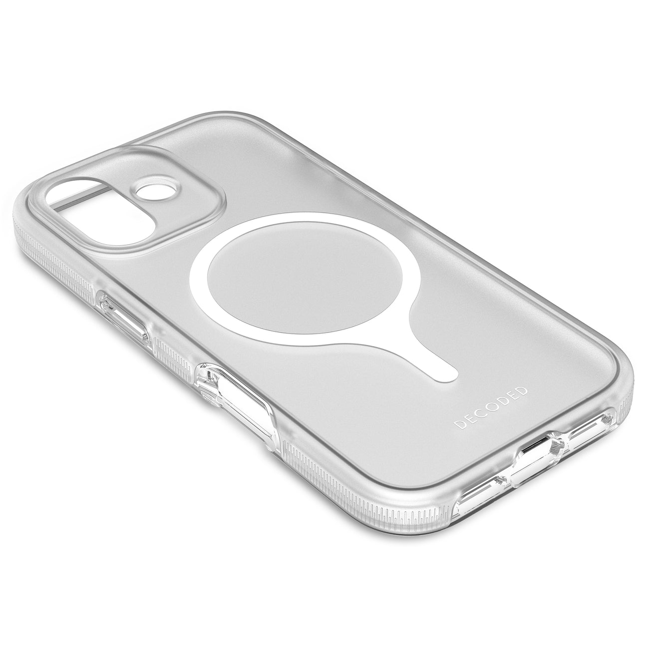 Custodia trasparente per telefono con anello magnetico bianco e logo DECODED.