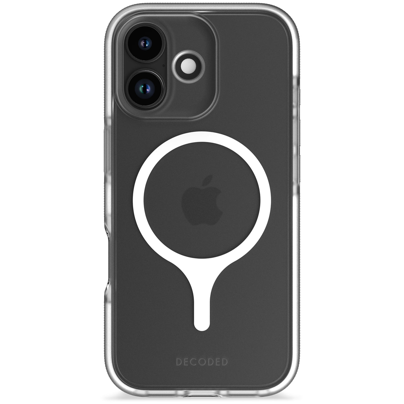 Custodia iPhone trasparente con anello bianco e logo Apple.