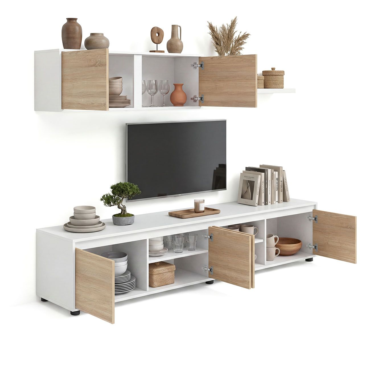 Un moderno mueble de TV blanco con detalles de madera y estantes.