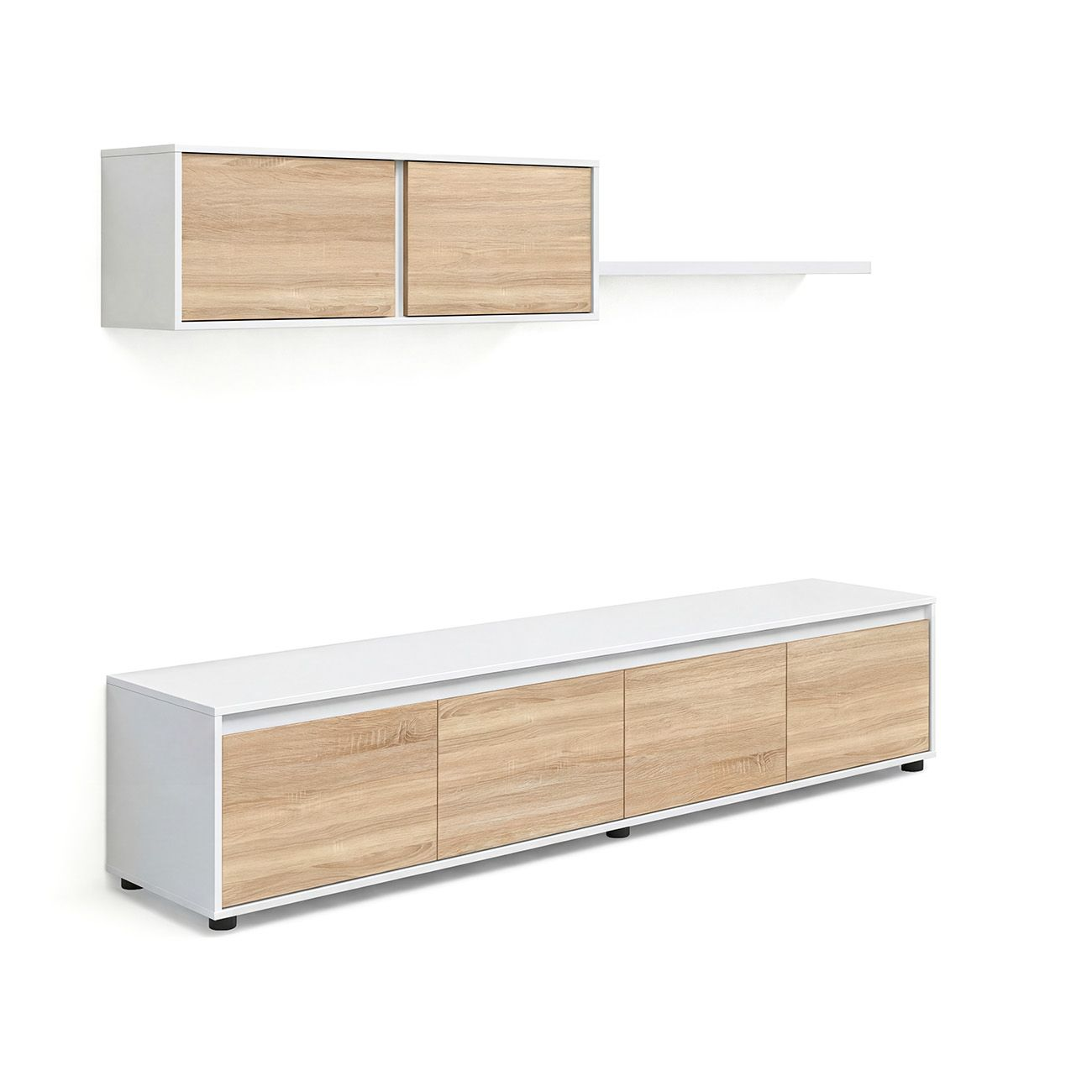 Un mueble blanco de pared con puertas de madera y un mueble blanco largo.