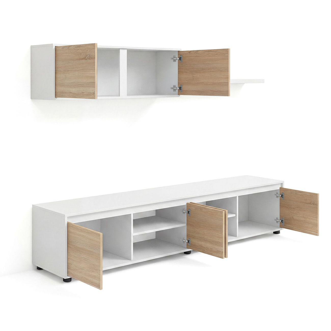 Un mueble de pared blanco y un mueble de TV blanco con puertas abiertas.