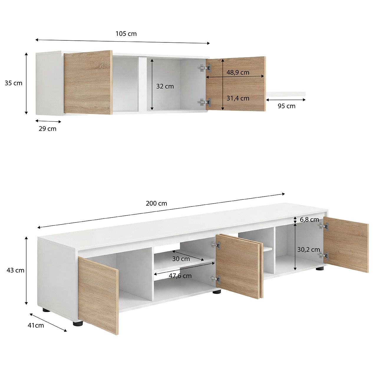 Muebles blancos y de color madera con dimensiones. Arriba: 105x35x29cm. Abajo: 200x43x41cm.
