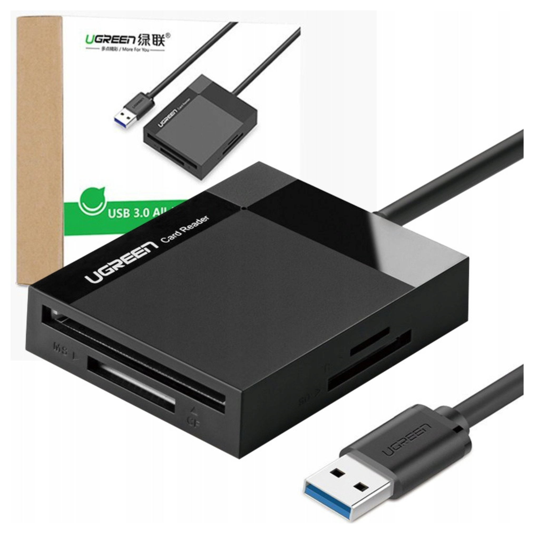 Czarny czytnik kart UGREEN USB 3.0 z gniazdami SD, CF, MS i kablem.