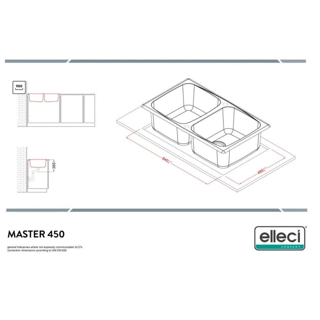 Disegno tecnico di un lavello doppio con dimensioni 840x480 mm.