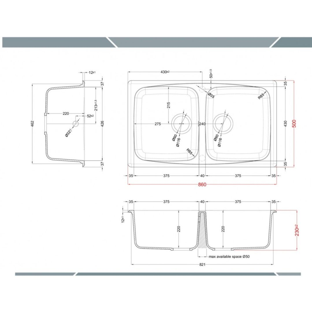 Disegno tecnico di un lavello doppio con dimensioni e viste.