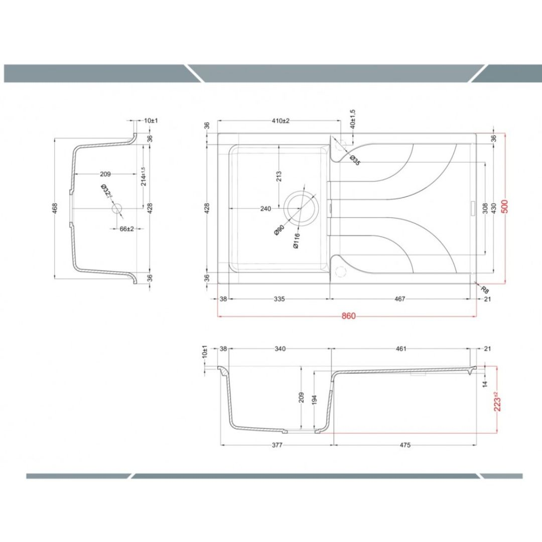 Disegno tecnico di un lavello con dimensioni e viste.