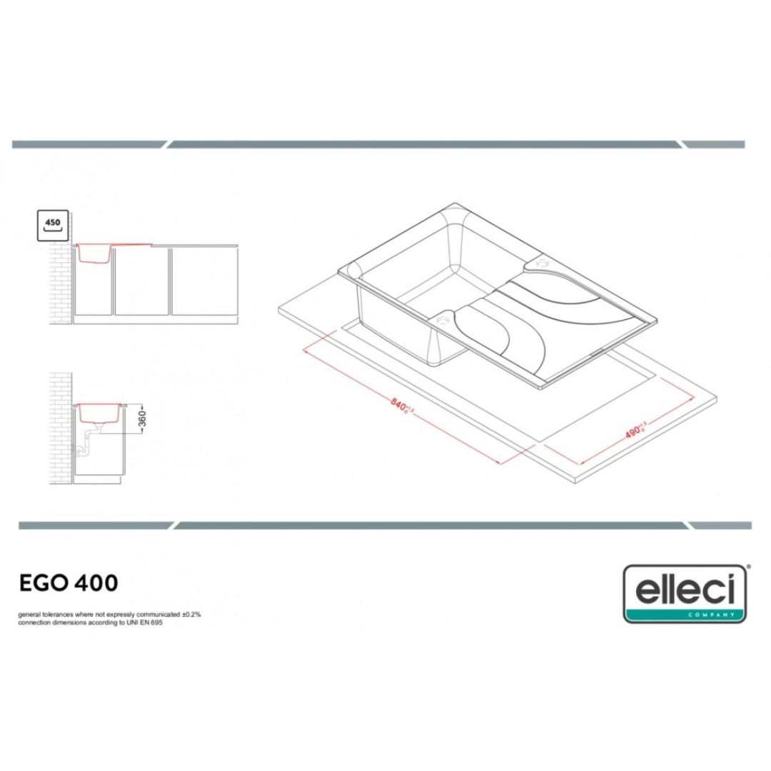 Disegno tecnico di un lavello con dimensioni 840x490mm.